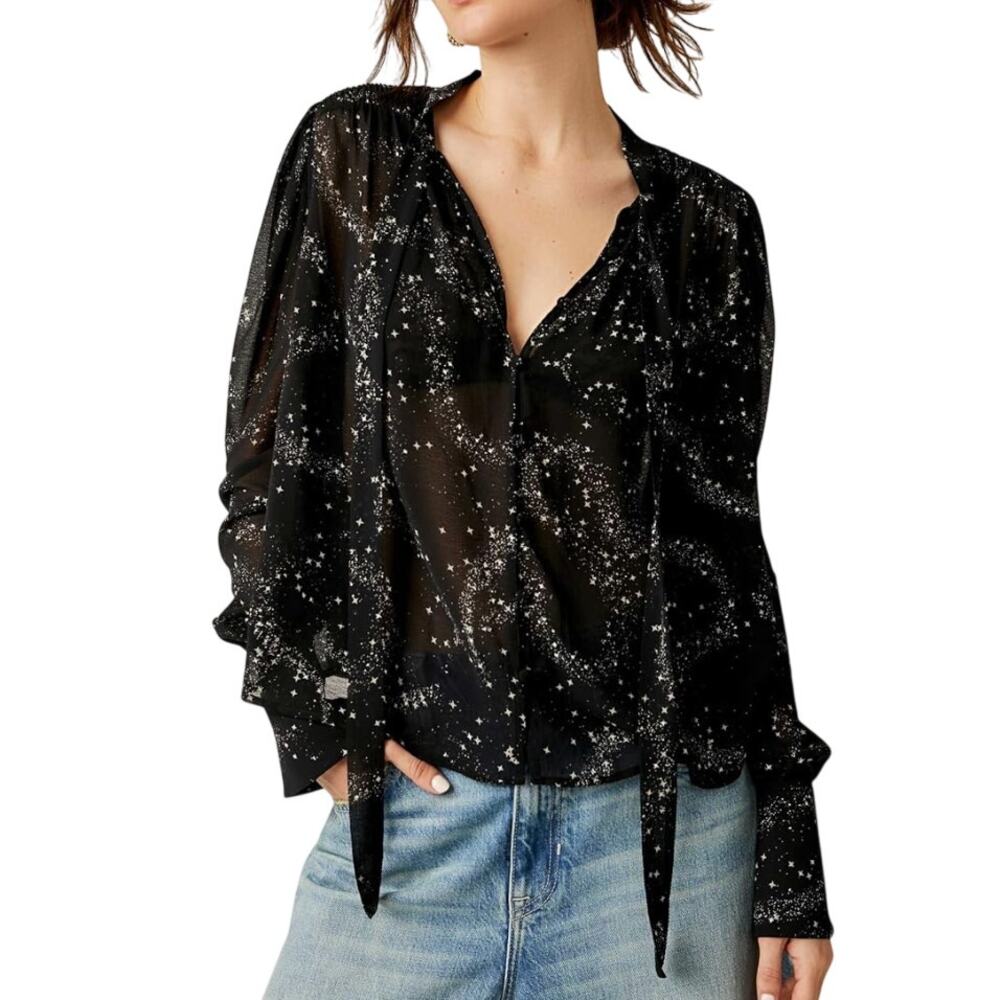 Free People Stars Align Black & White Sheer Button Up Long Sleeve Blouse Top - Picture 1 of 15